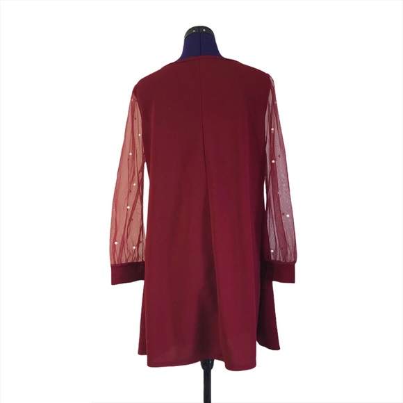 Burgundy Red Mesh White Pearl Long Sleeve Dress - Picture 3 of 13